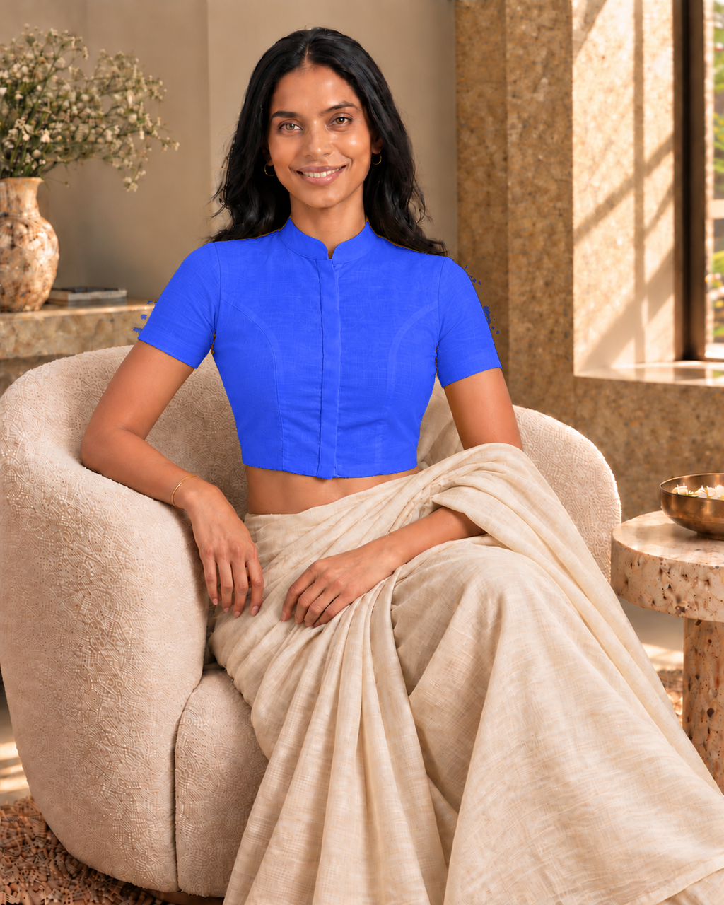 Cobalt Blue High Neck Short Sleeve blouse view 7