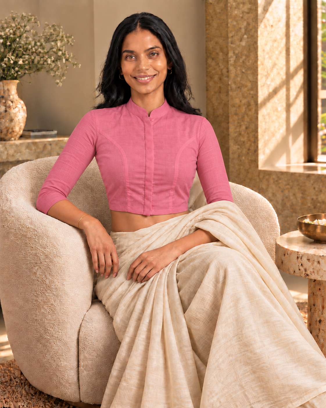 Rose Pink 3/4 Sleeve Front Open Classic Blouse - 7.png