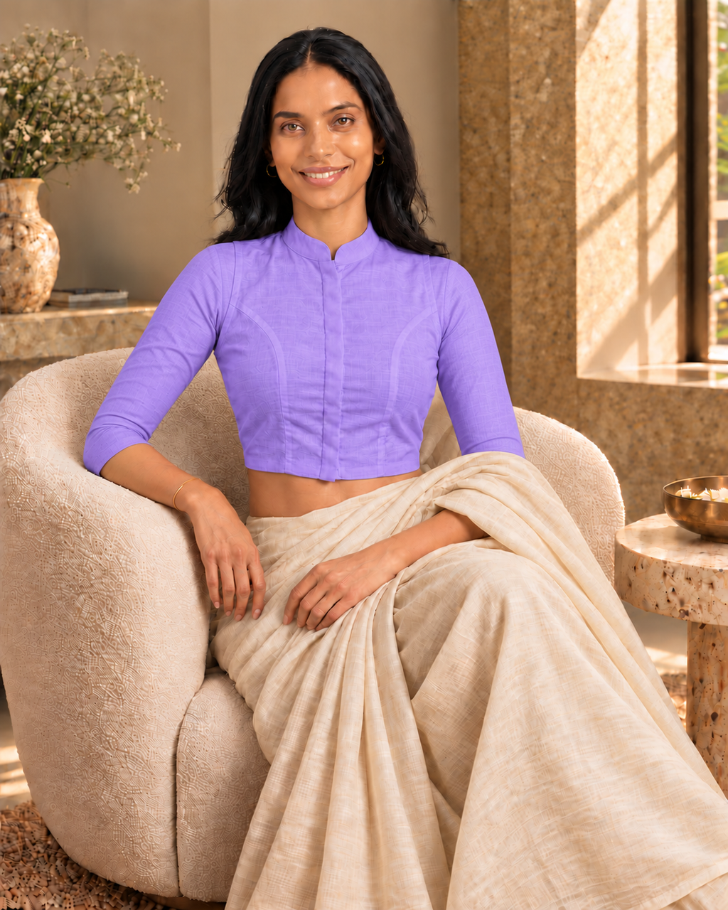 Lavender 3/4 Sleeve Front Open Classic Blouse - 7.png
