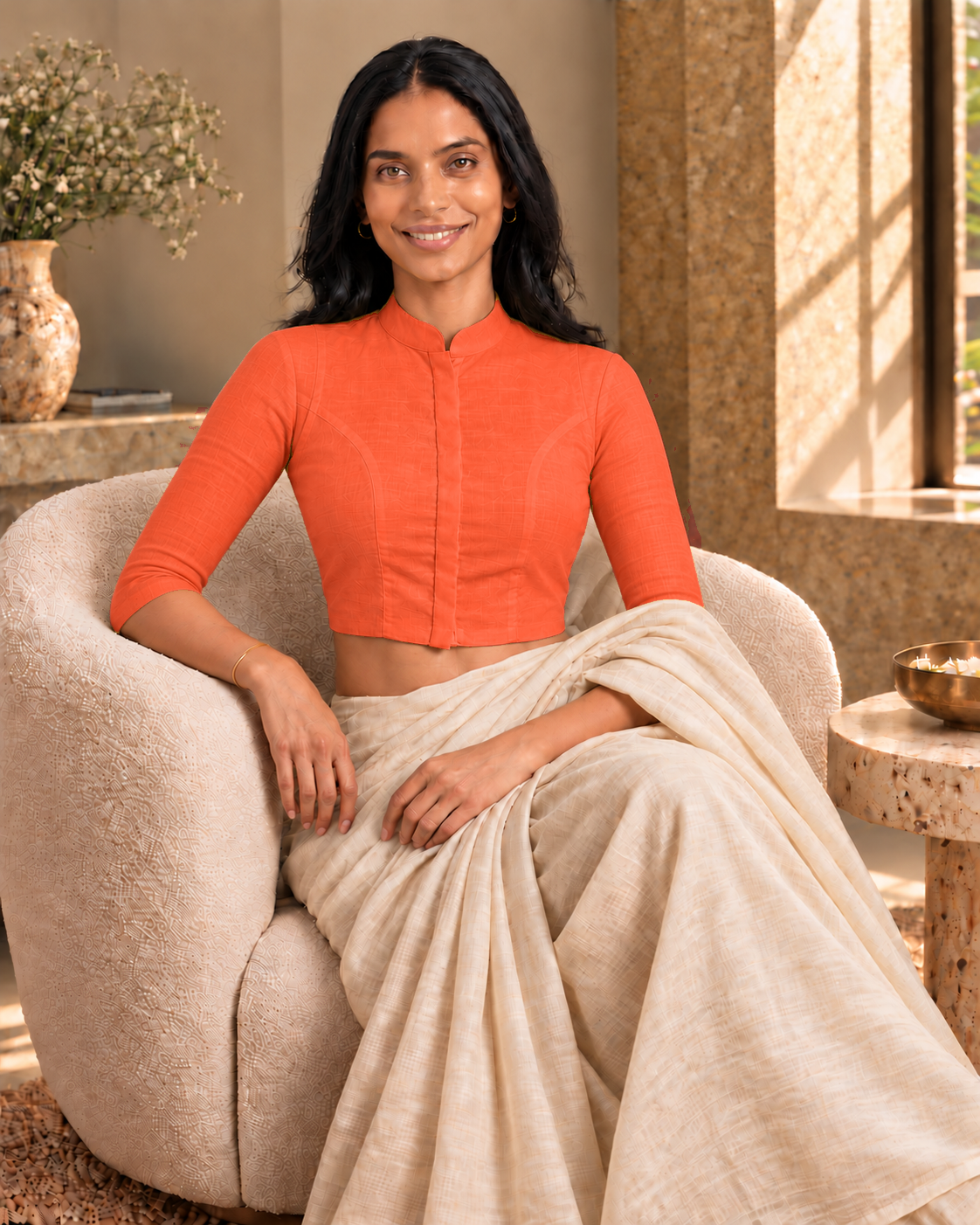 Neon Orange High Neck 3/4 Sleeve blouse view 7
