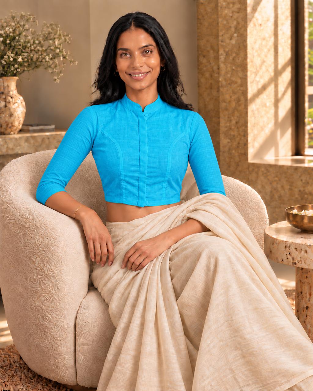 Aqua Bloom 3/4 Sleeve Front Open Classic Blouse - 7.png