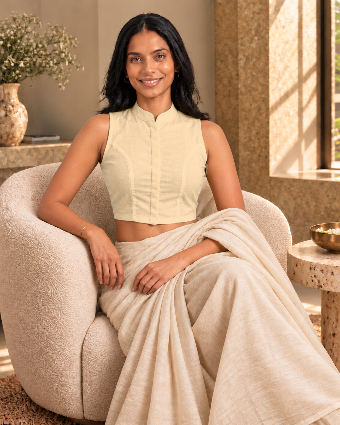 Sandy Beige High Neck Sleeveless blouse view 7
