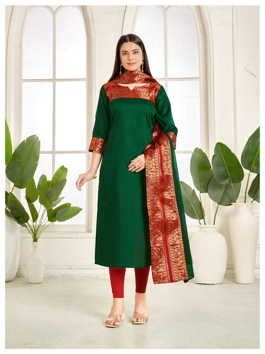 Dark Green Ethnic Cotton Kurta with dupatta