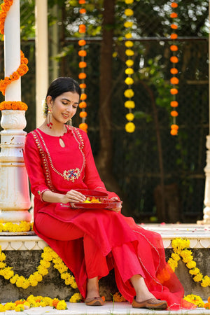 Red Roman Silk 3pc Suit Set with Embroidered Peacock Motif & Netted Dupatta
