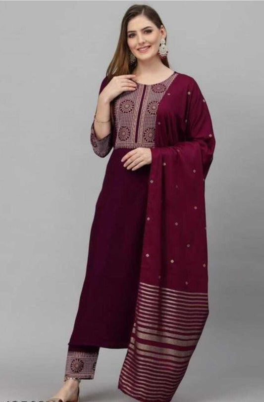 Wine red Embroidery 3 Piece Set