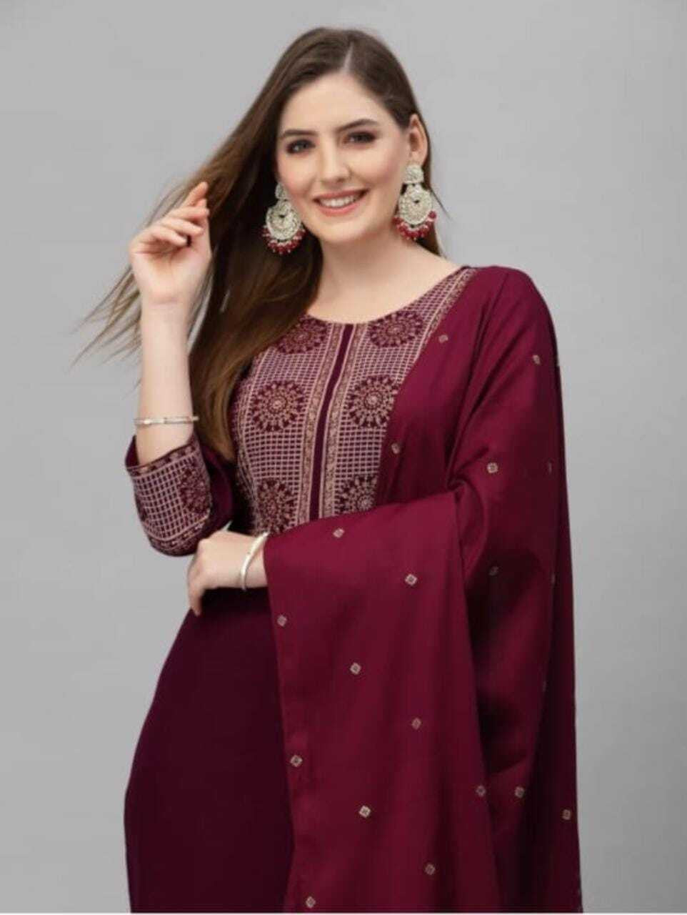 Wine red Embroidery 3 Piece Set