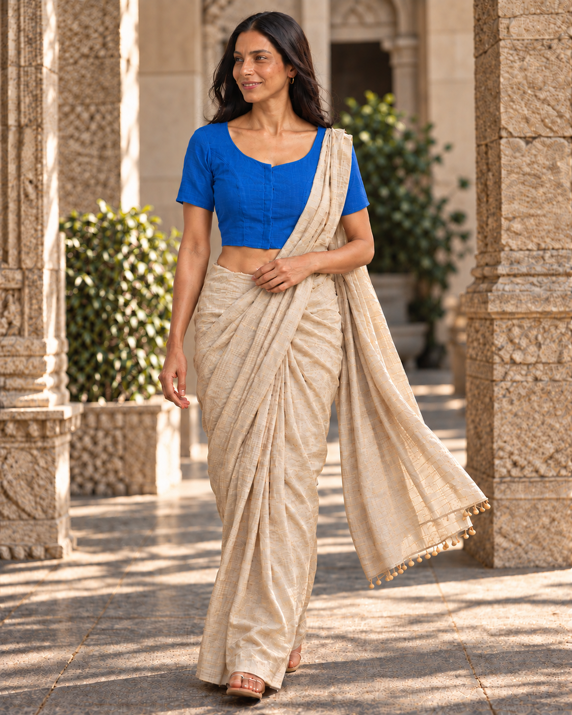 Royal Blue Short Sleeve Front Open Traditional Blouse