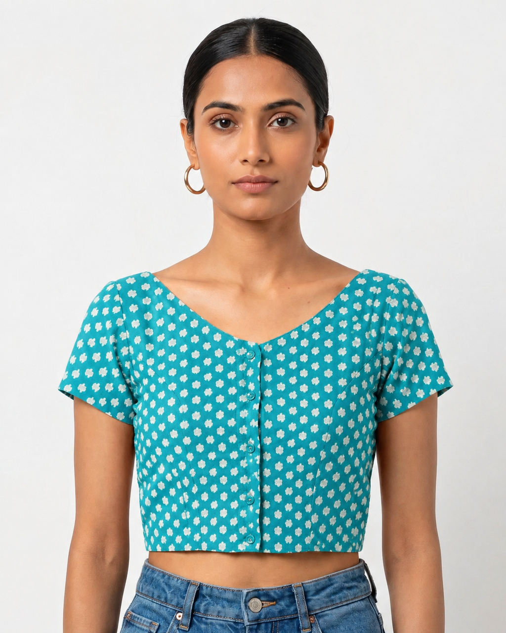 Aqua Blossom Button-Up Blouse