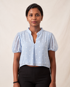 Powder blue butta saree blouse with mandarin collar and puff sleeves