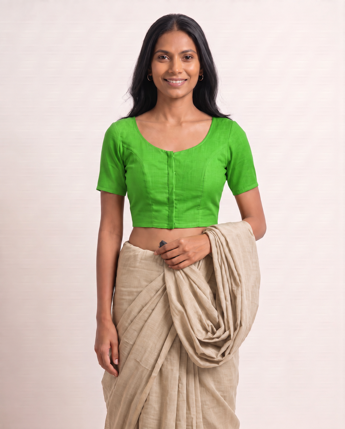 Meadow green front-hook saree blouse in cotton with U-neck and short sleeves