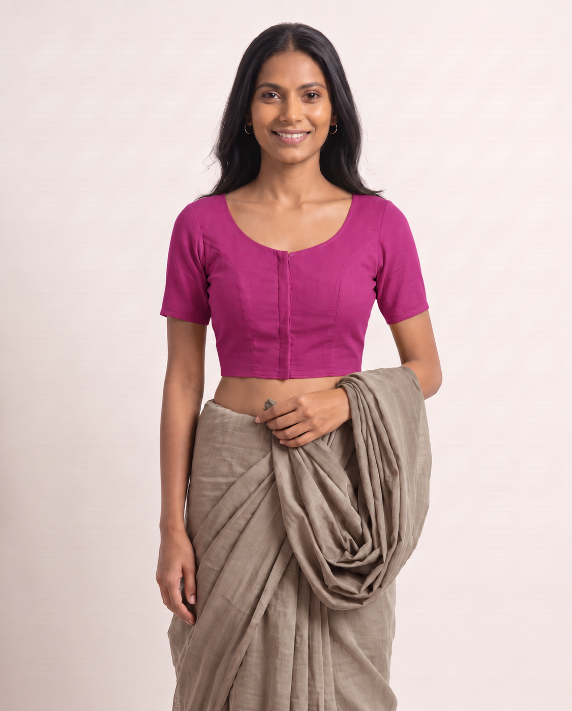 Berry magenta front-hook saree blouse in cotton with U-neck and short sleeves