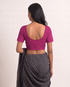 Berry magenta front-hook saree blouse in cotton with U-neck and short sleeves - view 2