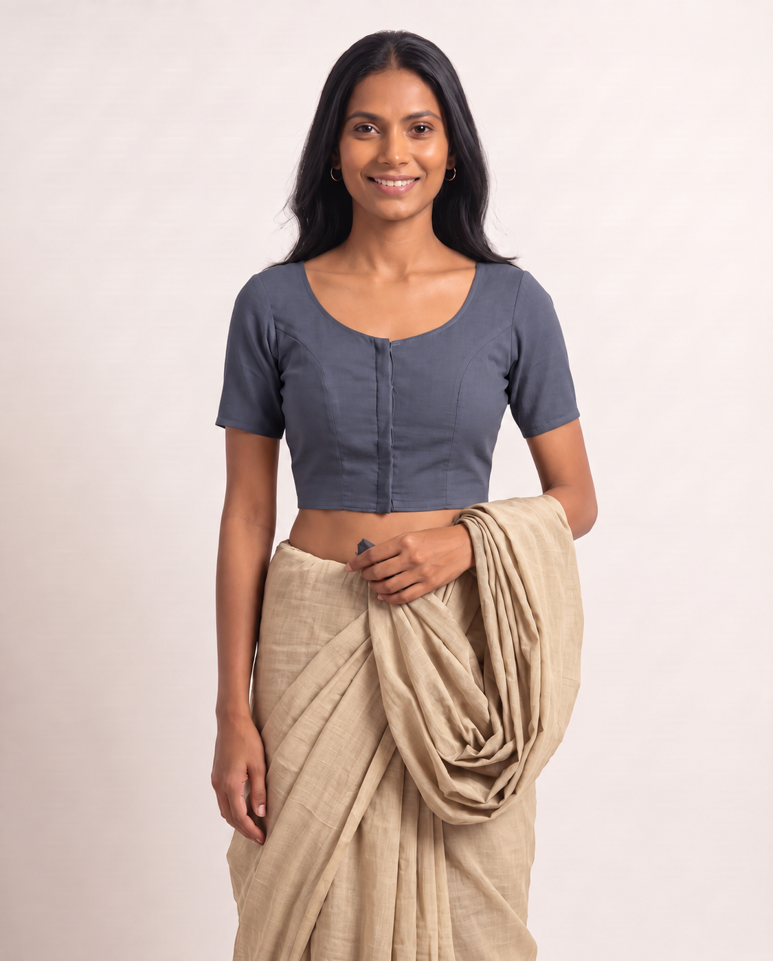 Slate blue-grey front-hook saree blouse in cotton with U-neck and short sleeves