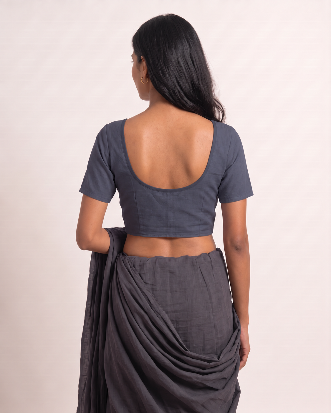 Slate blue-grey front-hook saree blouse in cotton with U-neck and short sleeves - view 2