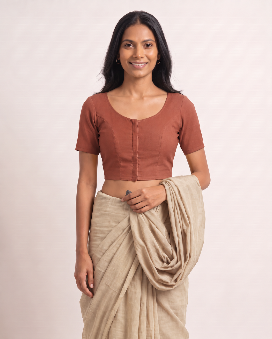 Terracotta front-hook saree blouse in cotton with U-neck and short sleeves