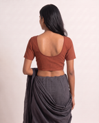 Terracotta front-hook saree blouse in cotton with U-neck and short sleeves - view 2