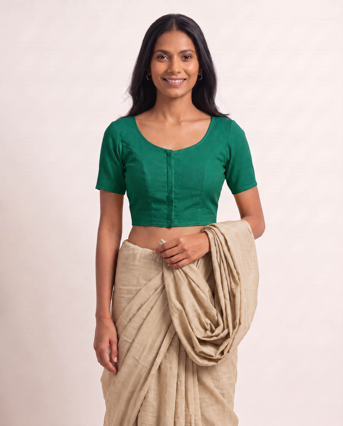 Emerald green front-hook saree blouse in cotton with U-neck and short sleeves