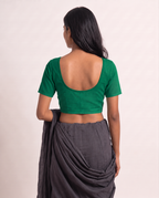 Emerald green front-hook saree blouse in cotton with U-neck and short sleeves - view 2