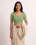 Sage green front-hook saree blouse in cotton with princess seams and short sleeves