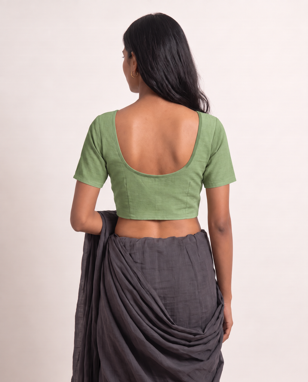 Sage green front-hook saree blouse in cotton with princess seams and short sleeves - view 2