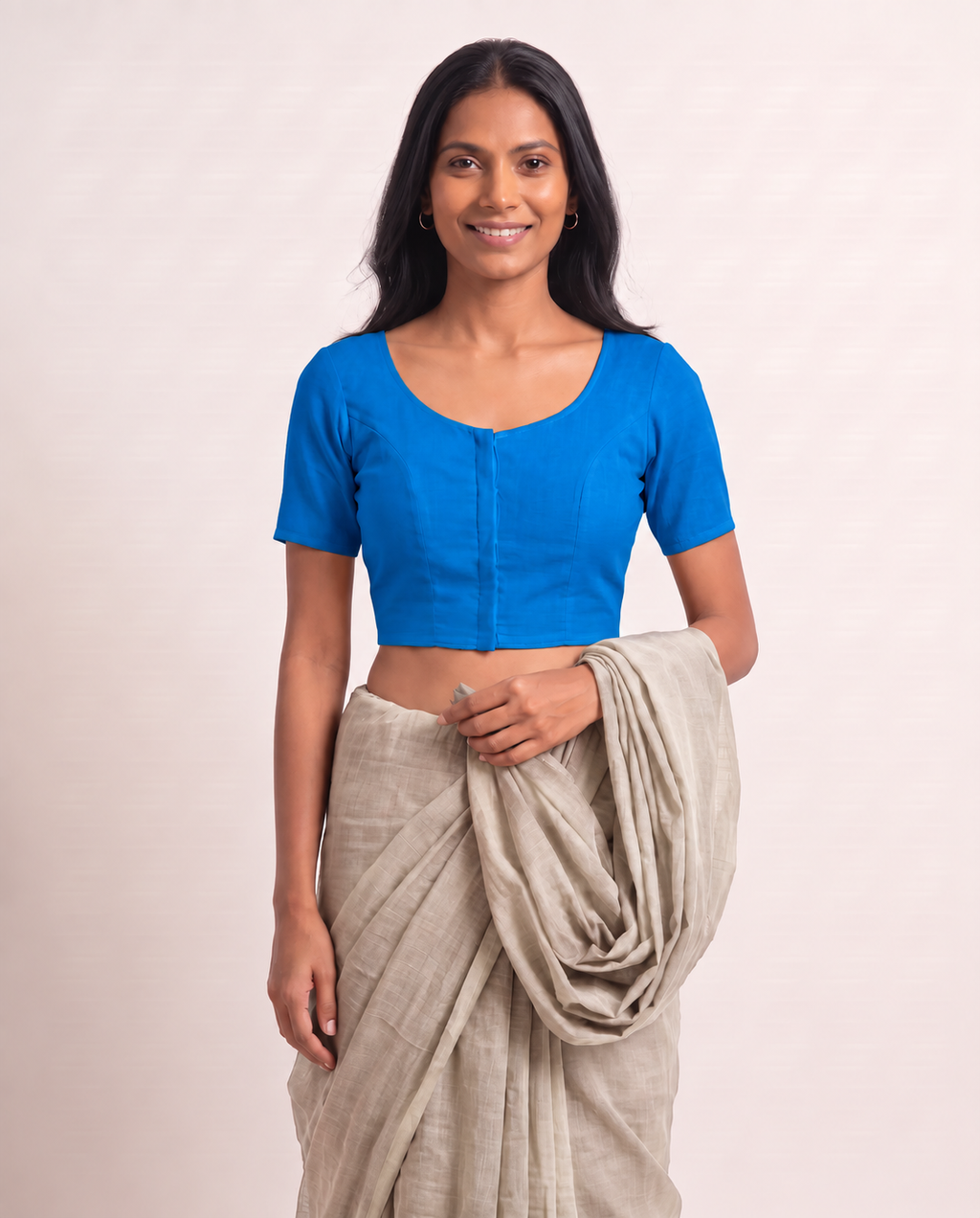 Royal blue front-hook saree blouse in cotton with U-neck and princess seams
