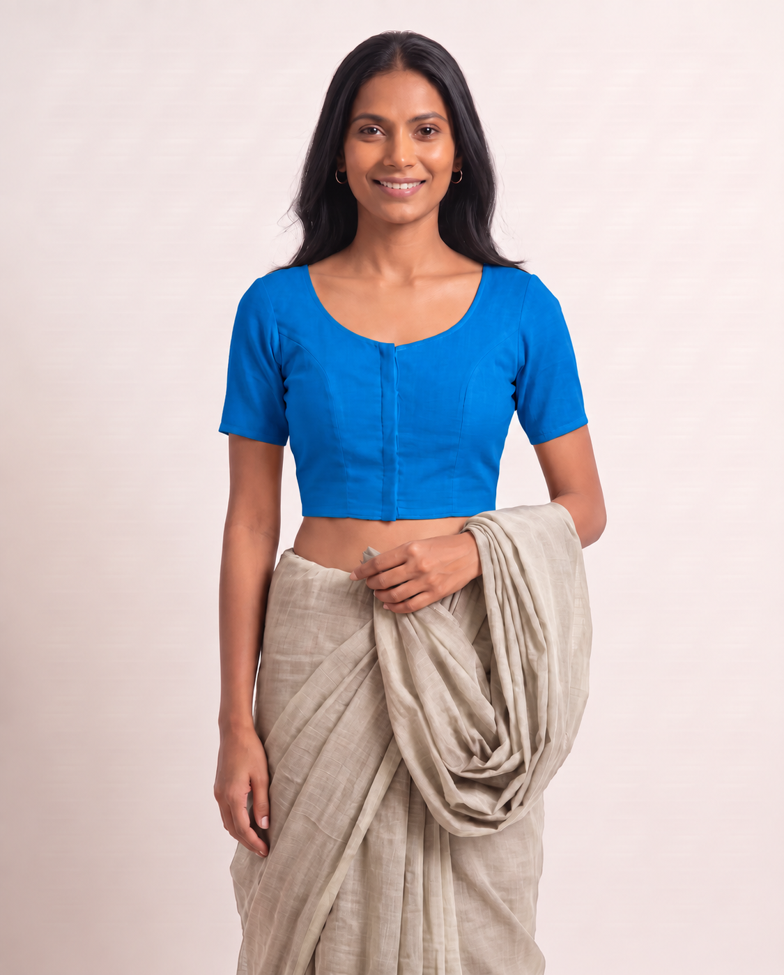 Royal blue front-hook saree blouse in cotton with U-neck and princess seams