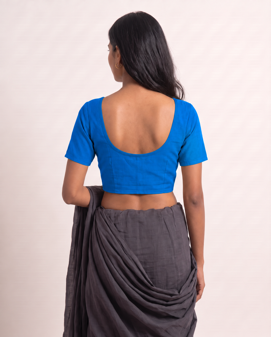 Royal blue front-hook saree blouse in cotton with U-neck and princess seams - view 2