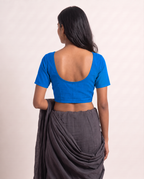 Royal blue front-hook saree blouse in cotton with U-neck and princess seams - view 2