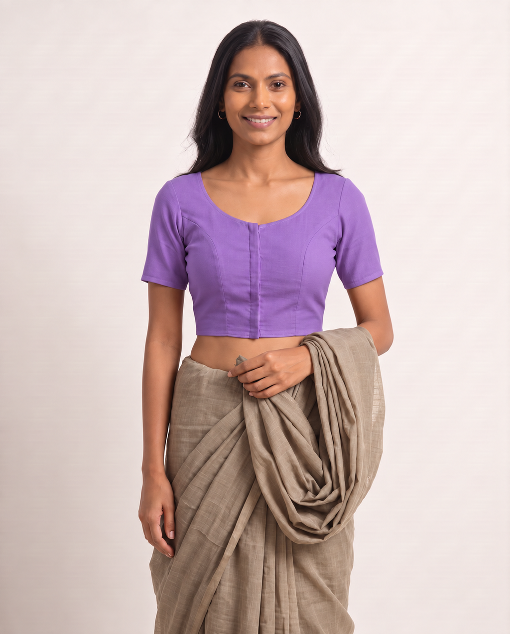 Lavender front-hook saree blouse in cotton with princess seams and short sleeves