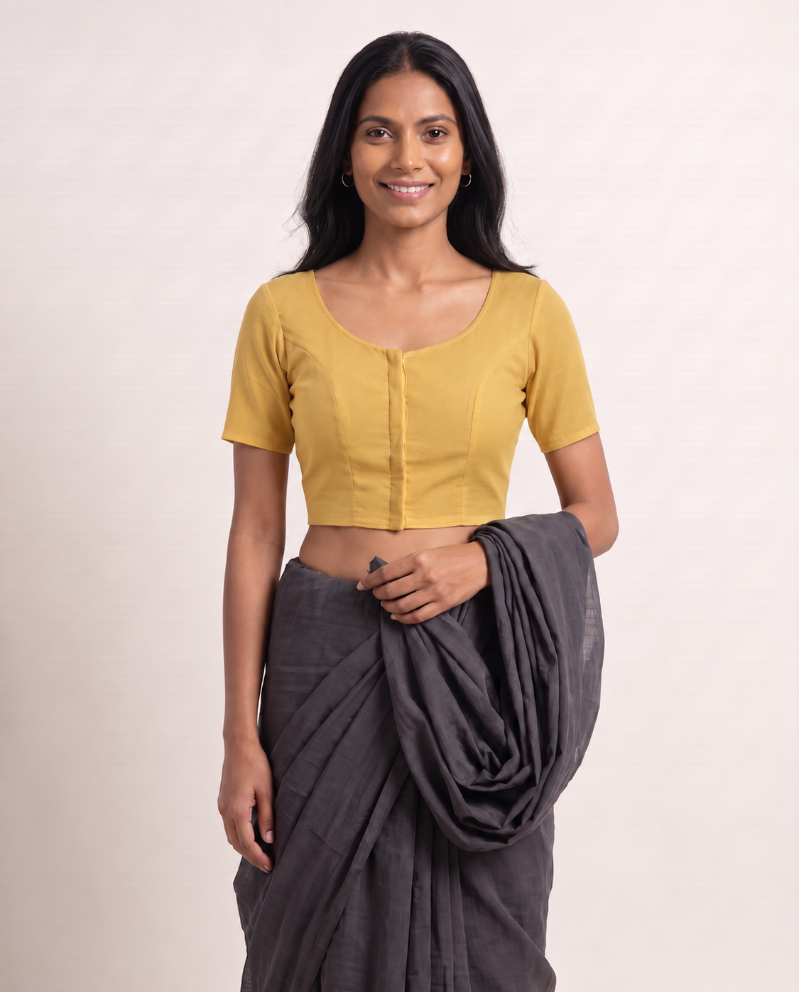 Marigold yellow front-hook saree blouse in cotton with U-neck and princess seams