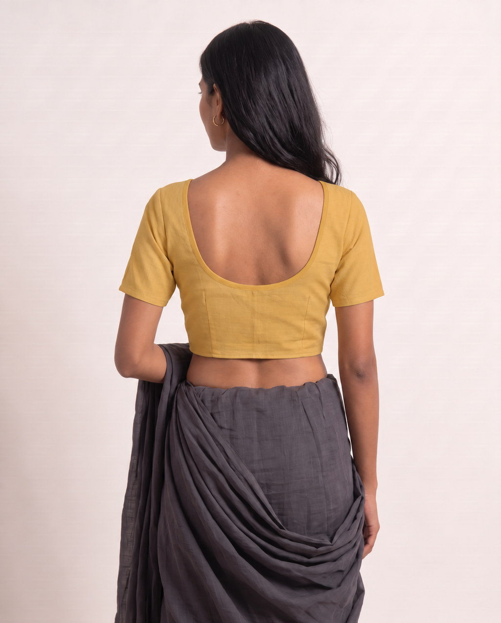 Marigold yellow front-hook saree blouse in cotton with U-neck and princess seams - view 2