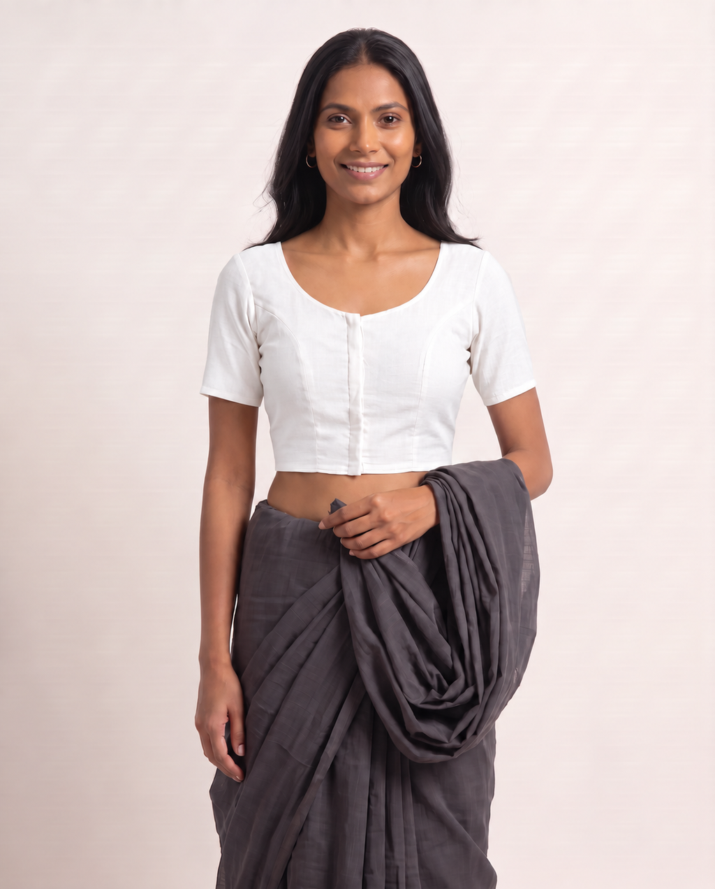 Classic white front-hook saree blouse in cotton with U-neck and short sleeves