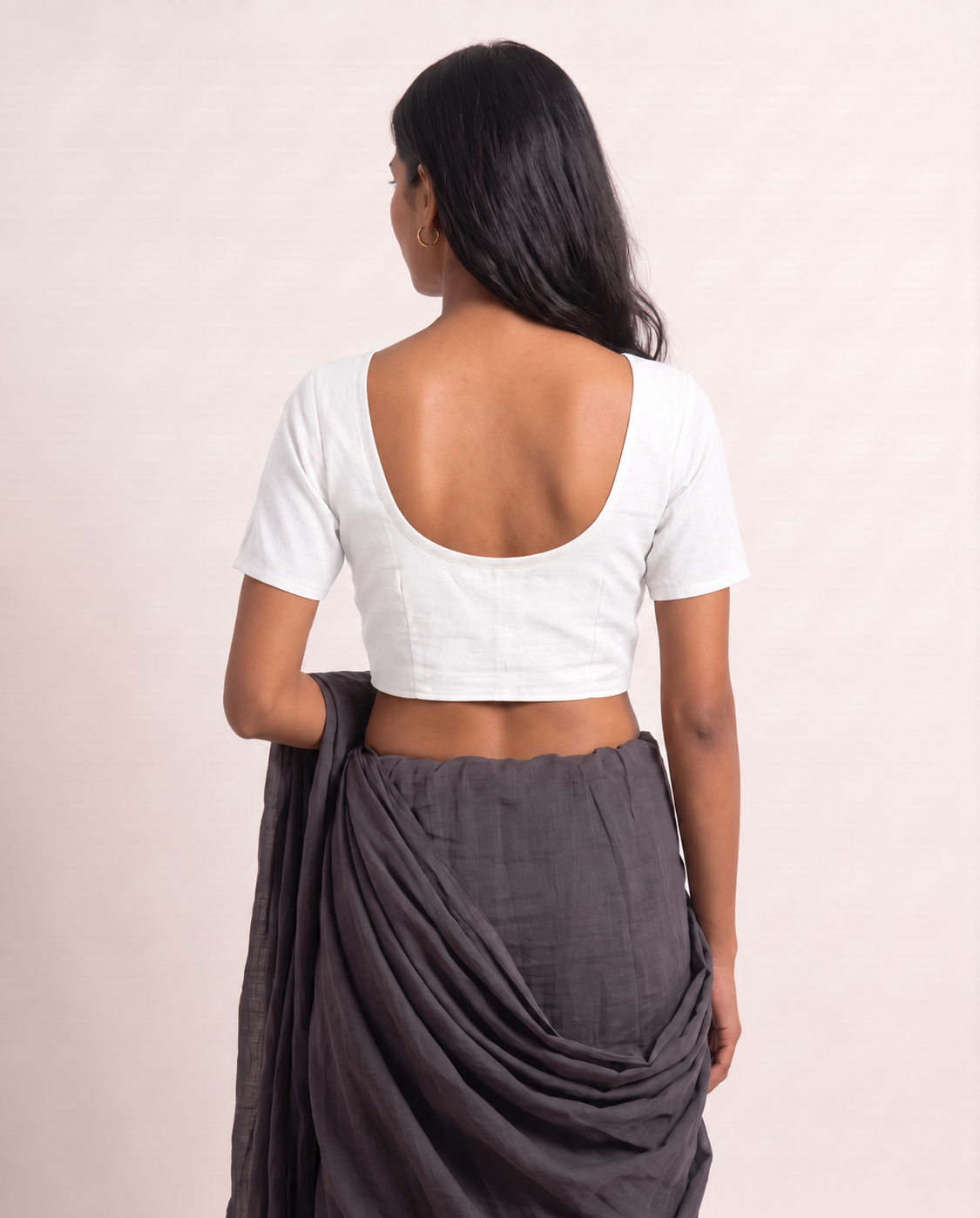Classic white front-hook saree blouse in cotton with U-neck and short sleeves - view 2