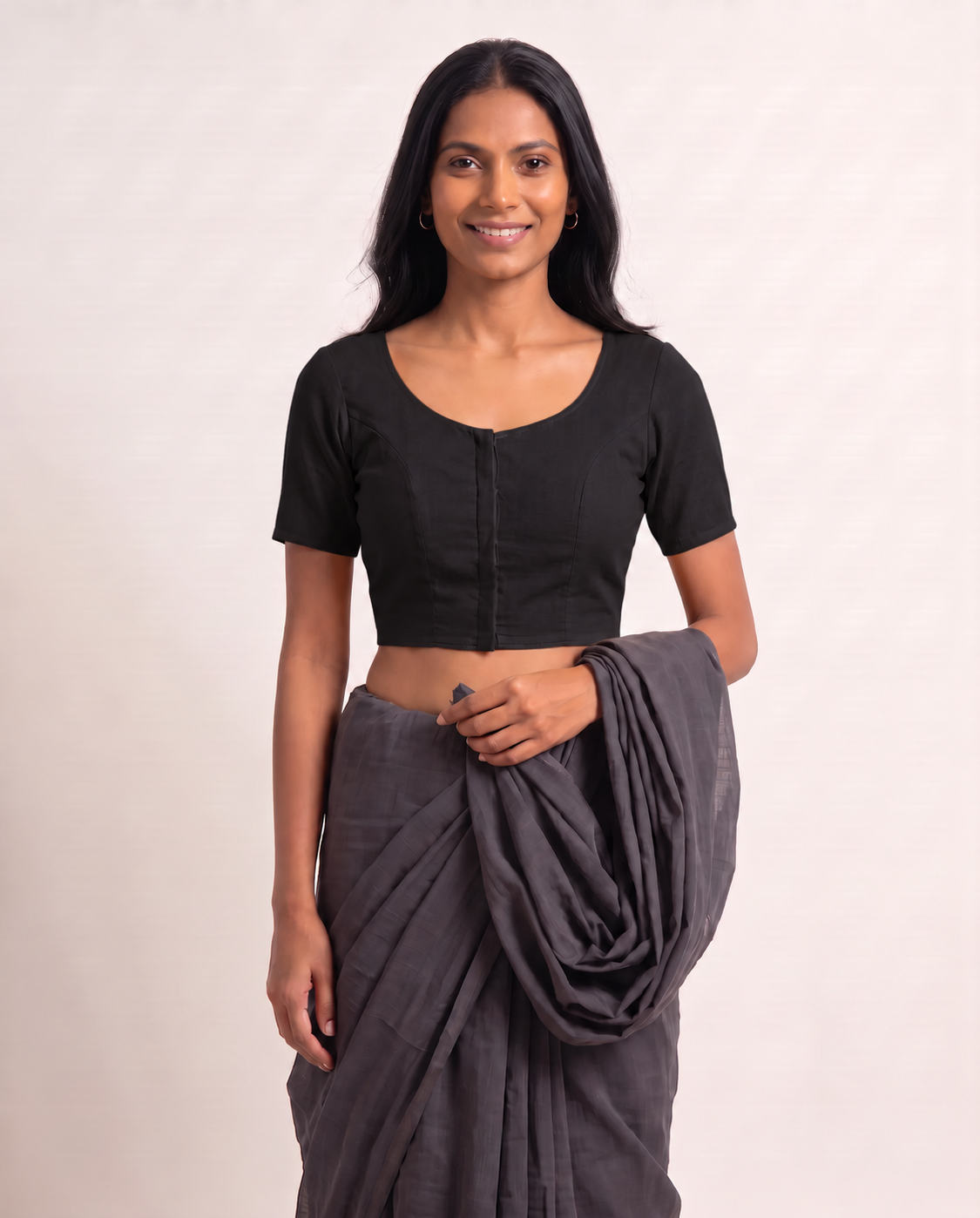 Classic black front-hook saree blouse in cotton with U-neck and short sleeves