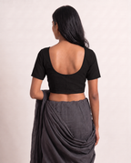Classic black front-hook saree blouse in cotton with U-neck and short sleeves - view 2