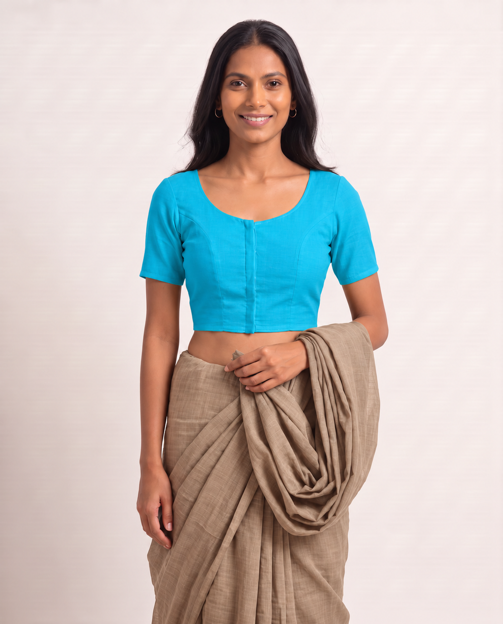 Aqua blue front-hook saree blouse in cotton with U-neck and short sleeves