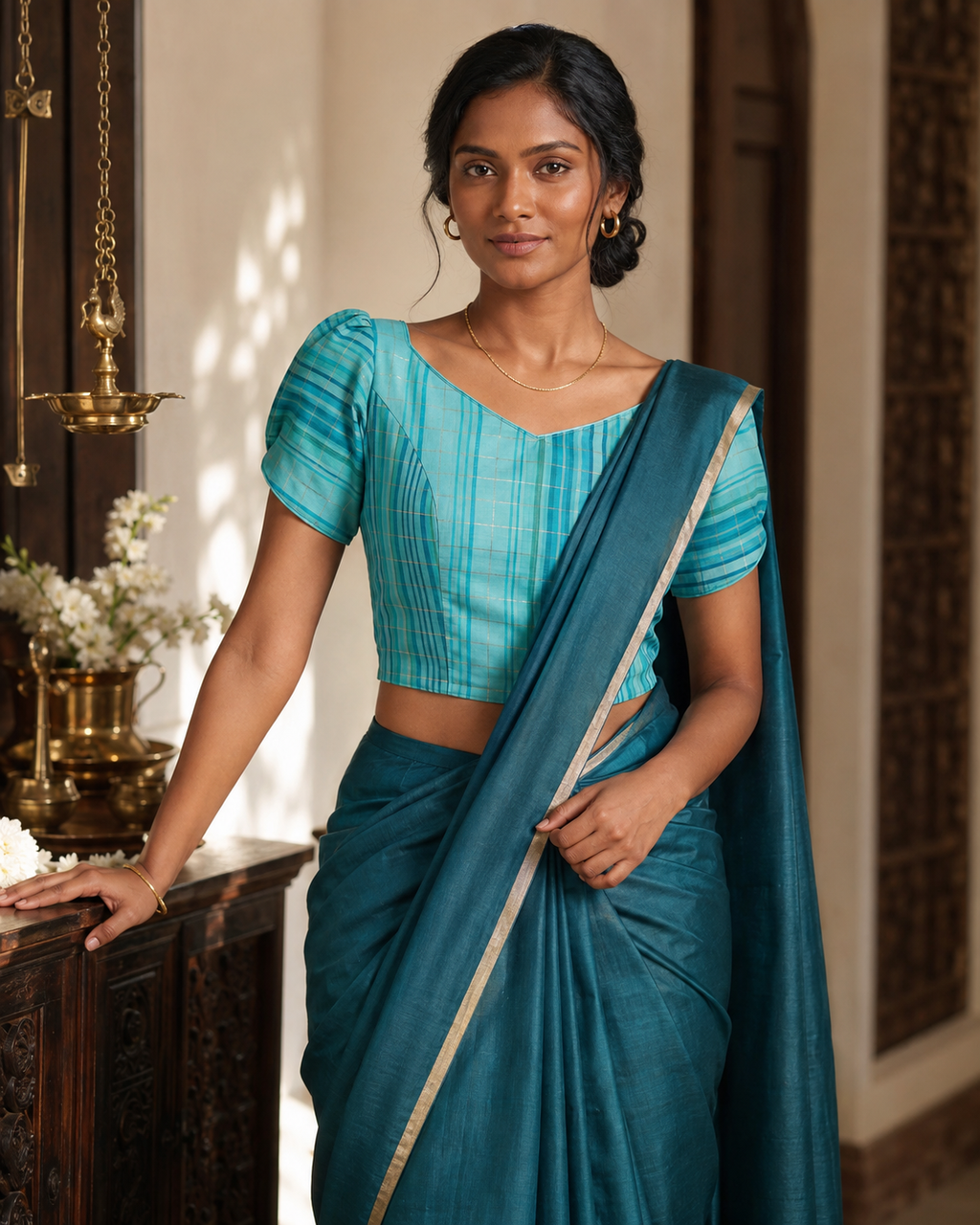 Aqua zari check festive saree blouse with puff sleeves and lace-up back - view 6
