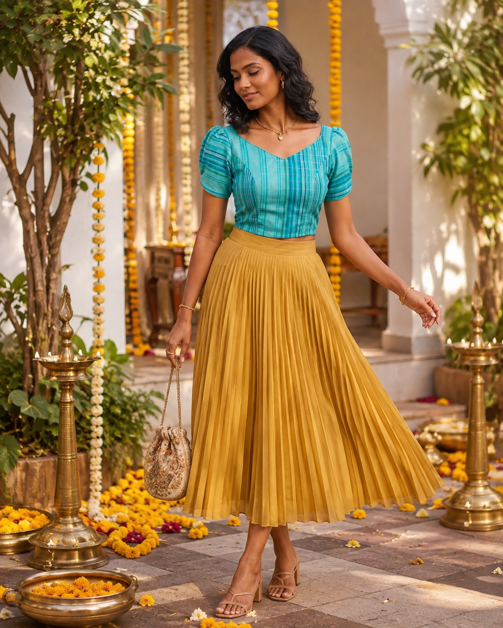 Aqua zari check festive saree blouse with puff sleeves and lace-up back - view 9