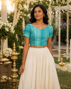 Aqua zari check festive saree blouse with puff sleeves and lace-up back - view 10
