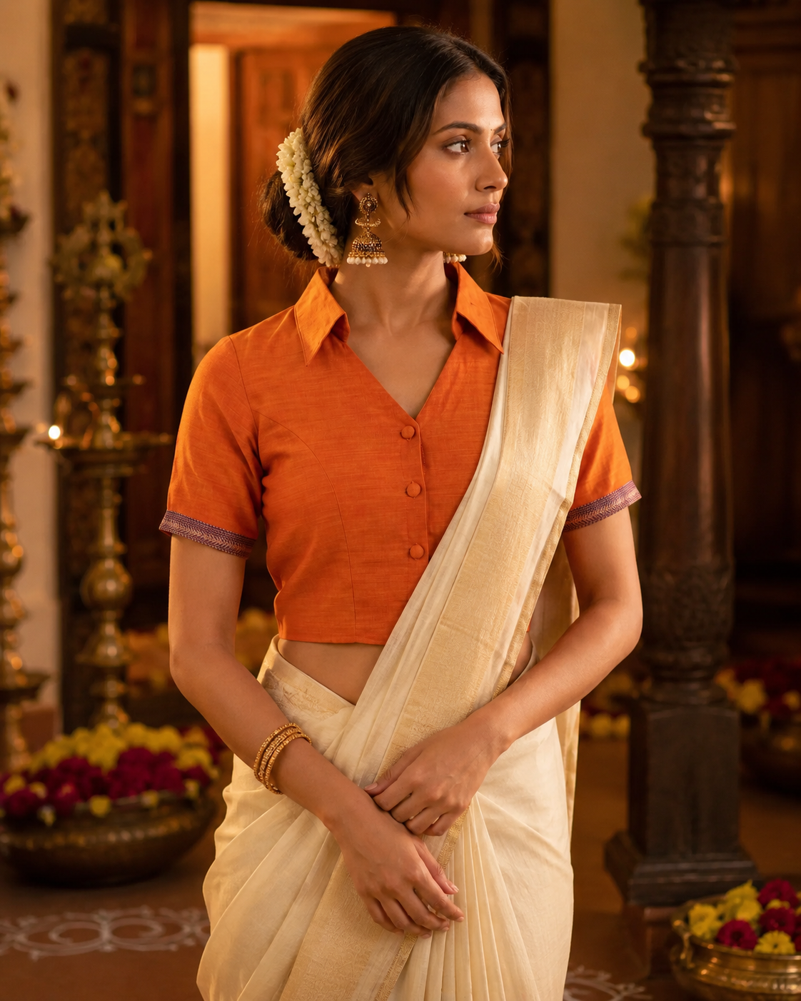 Sunset Orange Heritage Button-Up Blouse