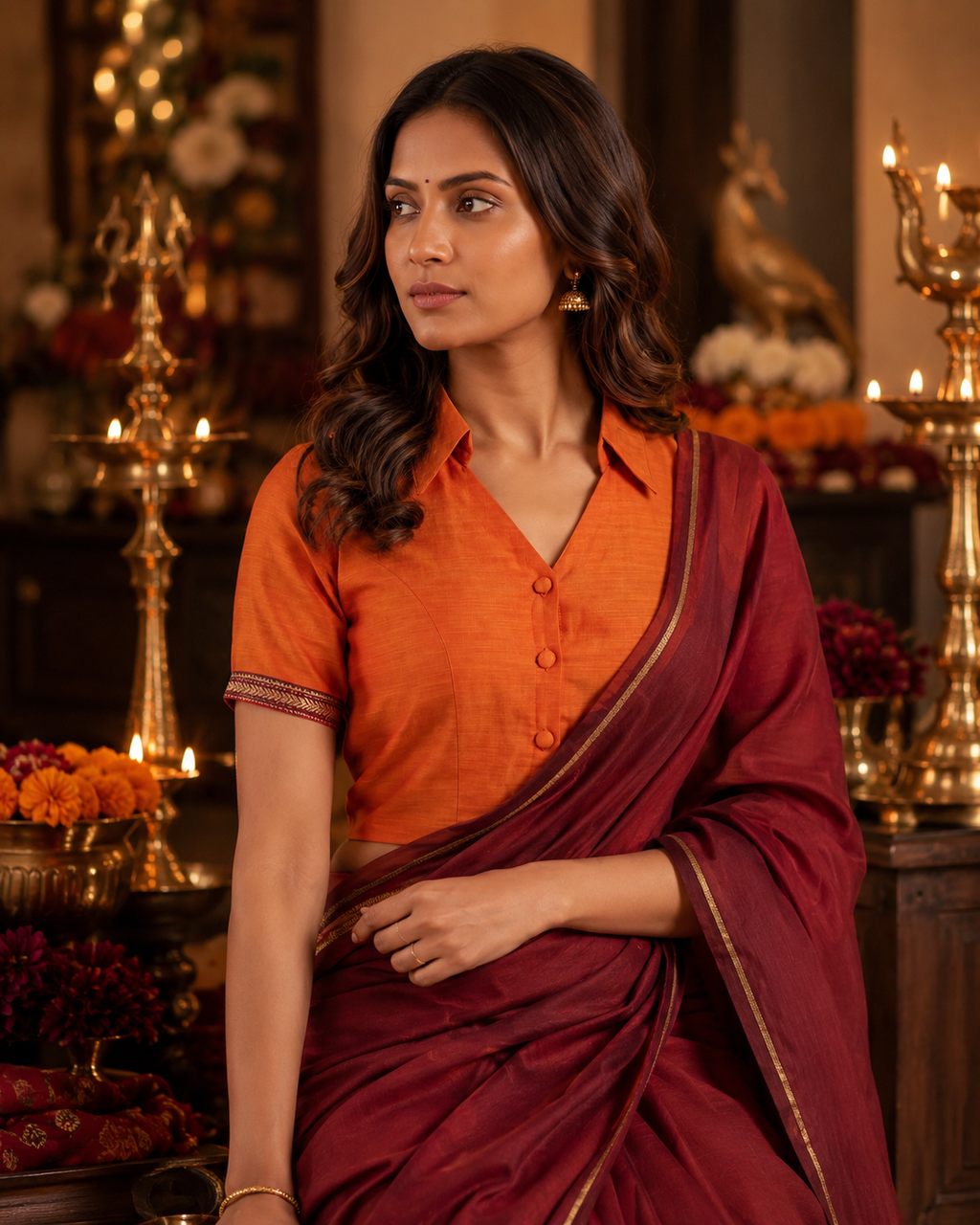 Sunset orange Mangalagiri cotton saree blouse with pointed collar and woven border - view 4
