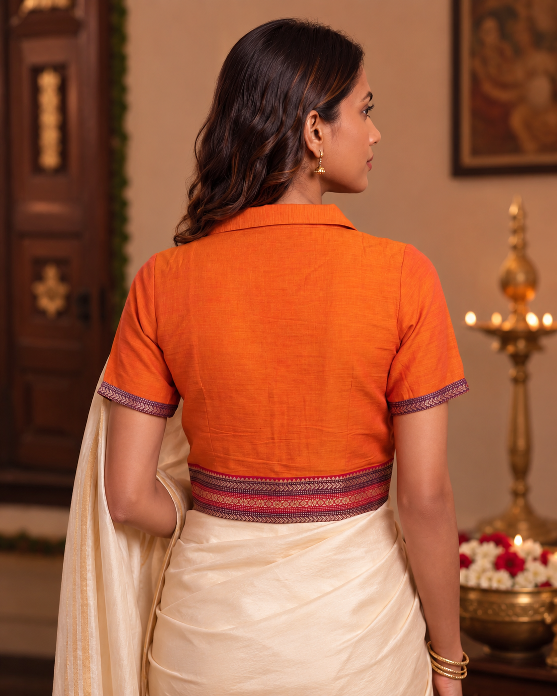 Sunset orange Mangalagiri cotton saree blouse with pointed collar and woven border - view 10