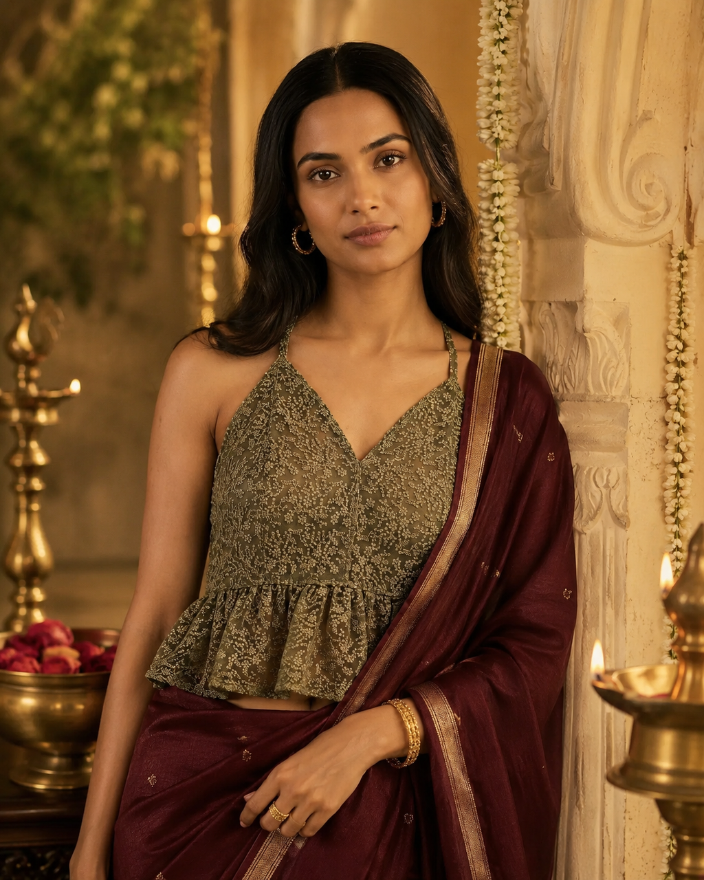 Olive embroidered net peplum saree blouse with halter neck ties - view 7
