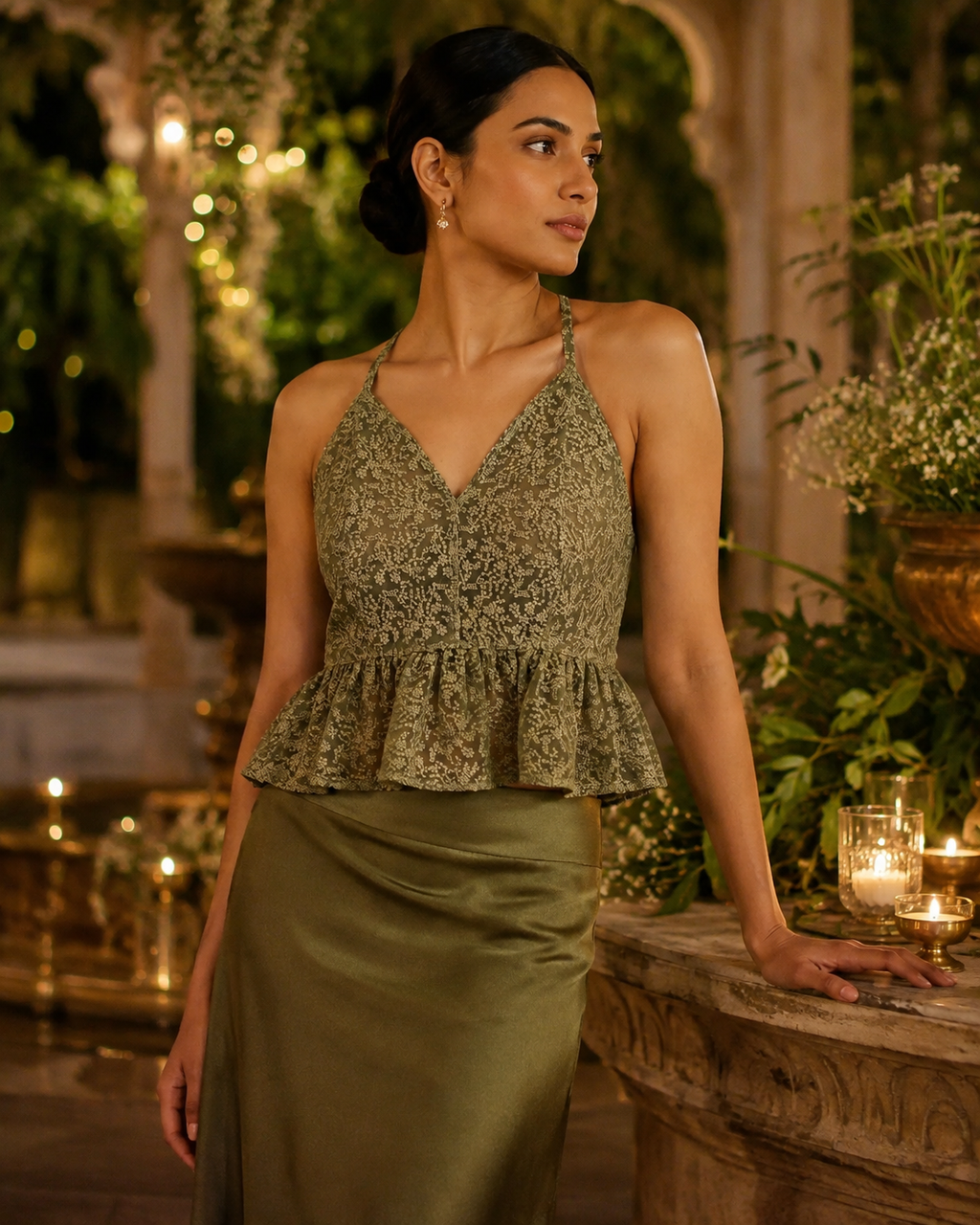 Olive embroidered net peplum saree blouse with halter neck ties - view 9