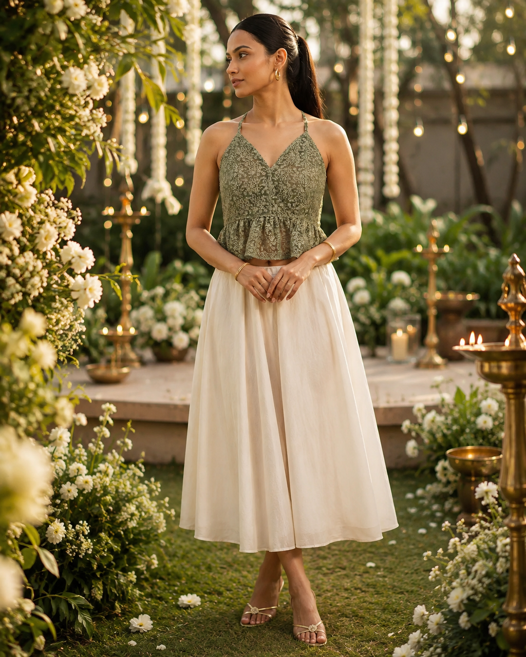 Olive embroidered net peplum saree blouse with halter neck ties - view 10