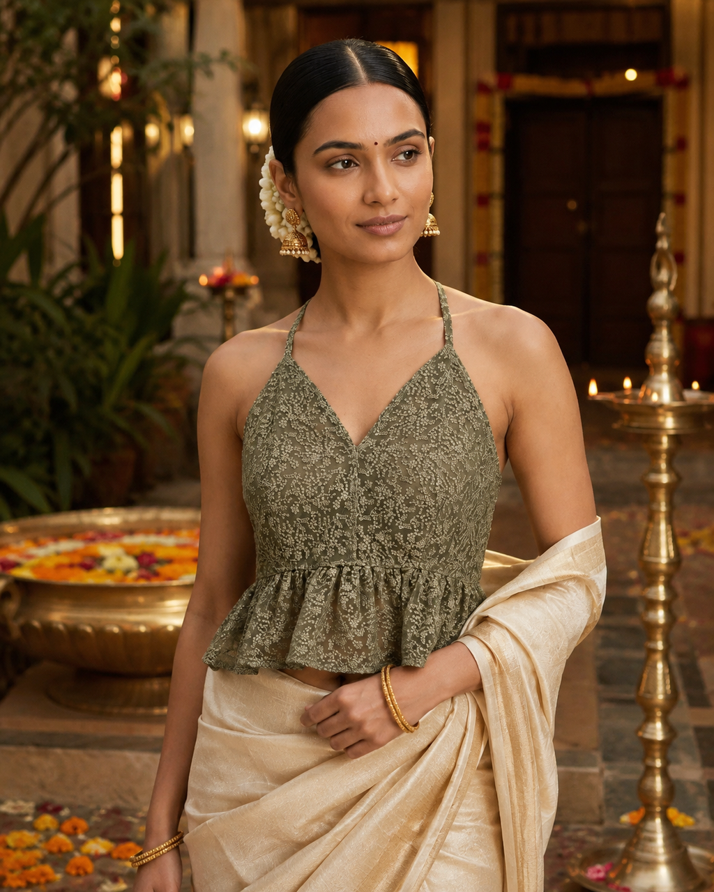 Olive embroidered net peplum saree blouse with halter neck ties - view 11