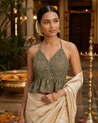 Olive embroidered net peplum saree blouse with halter neck ties - view 11
