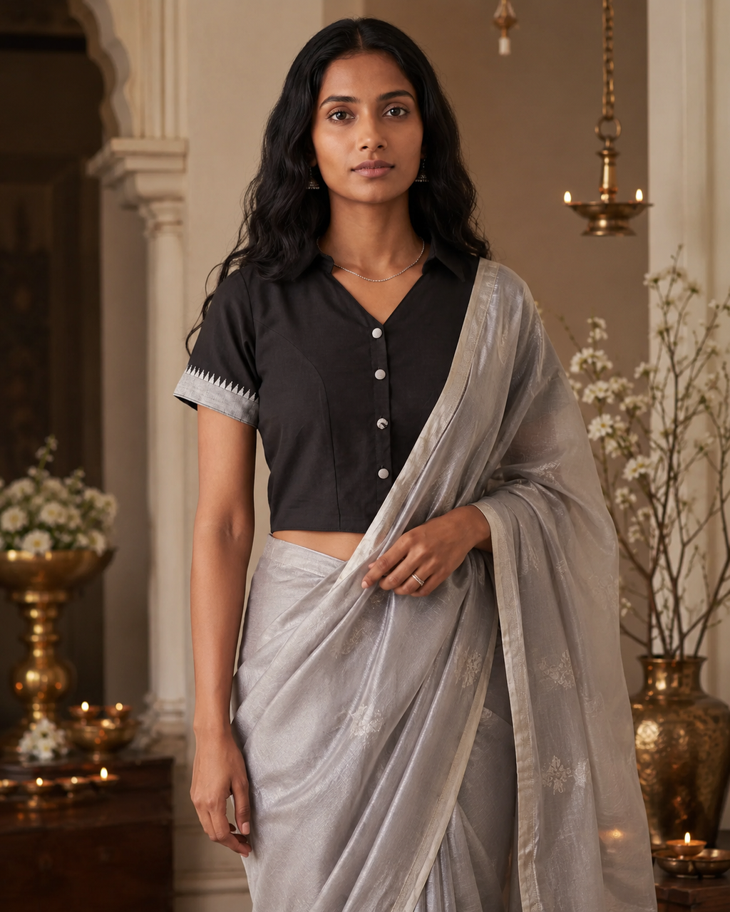 Black Mangalagiri cotton button-up saree blouse with contrast woven border - view 6