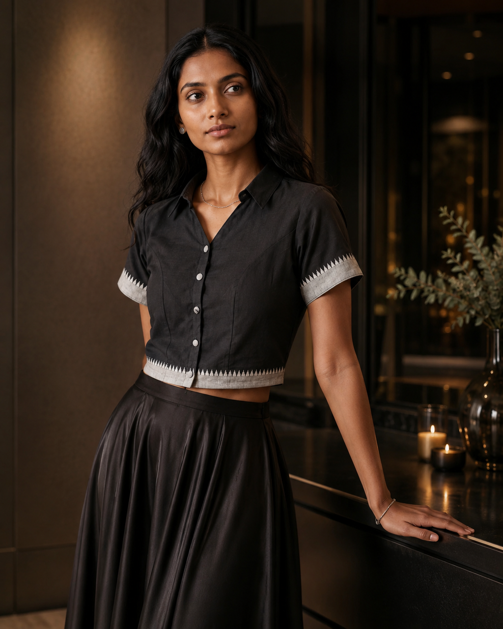 Black Mangalagiri cotton button-up saree blouse with contrast woven border - view 9