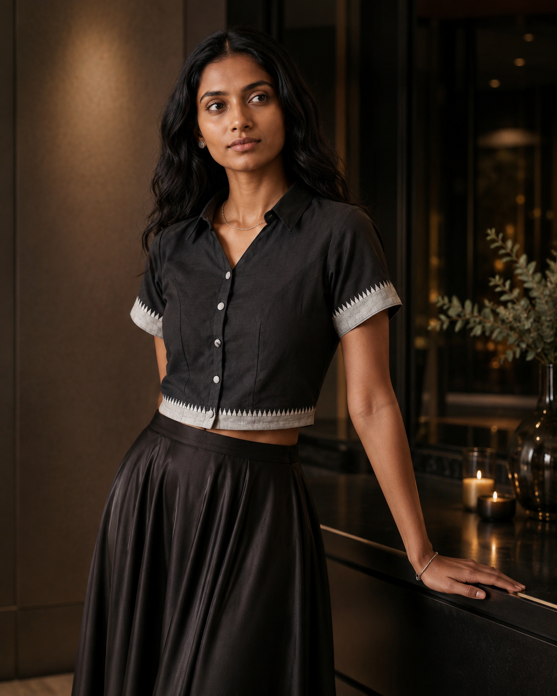Black Mangalagiri cotton button-up saree blouse with contrast woven border - view 9